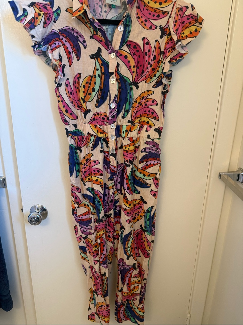 XS Button-Front Jumpsuit with Colorful Banana Print